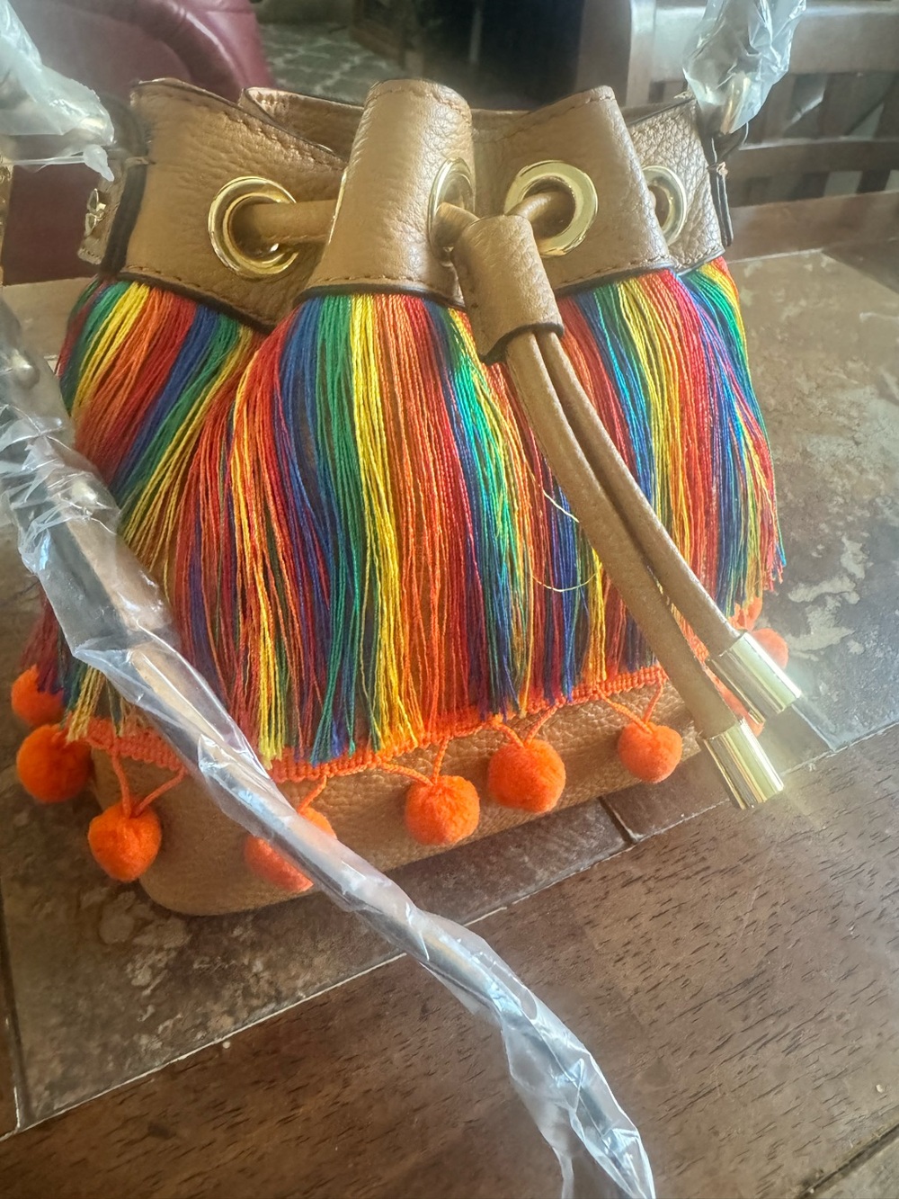 NWT Milly Tan Bucket Bag Crossbody with Rainbow Fringe and Orange Pom-Poms - Picture 3 of 6